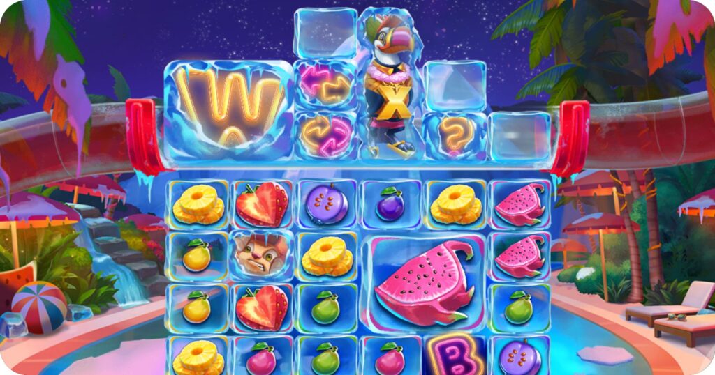 Slot tropical con frutas y personaje animado.