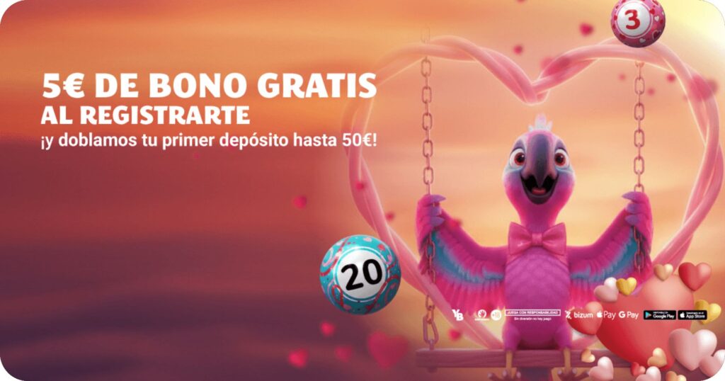 Imagen promocional con un fondo rosado de San Valentín YoBingo