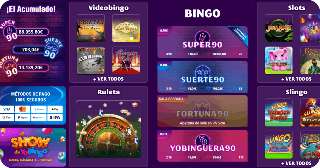 pantalla de bingo online con todas las diferentes salas y slots.