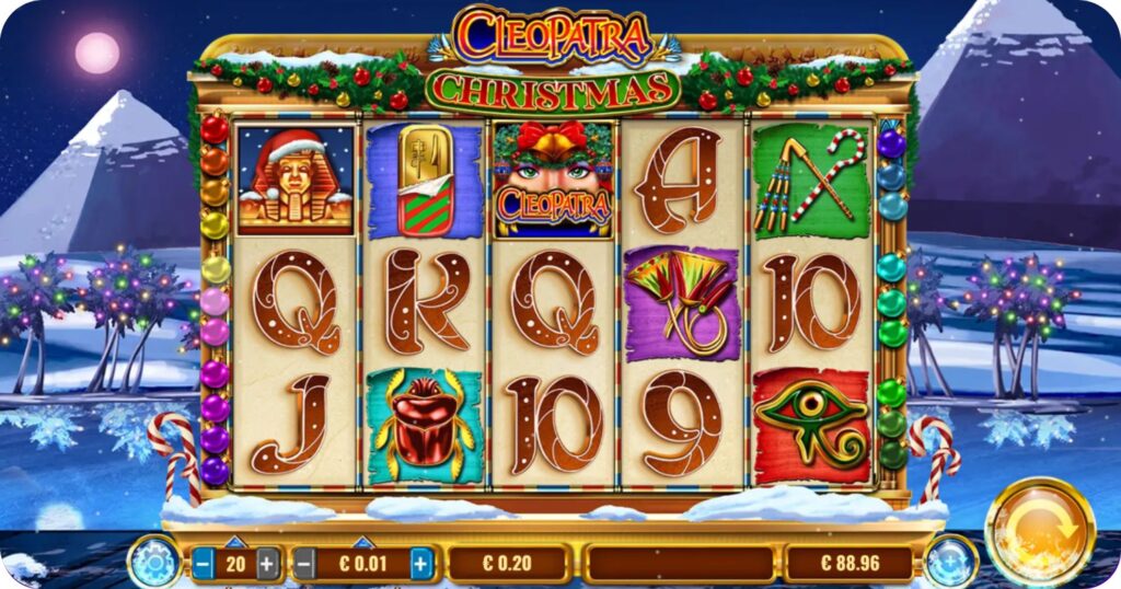 La imagen muestra la interfaz del juego Cleopatra Christmas Slot