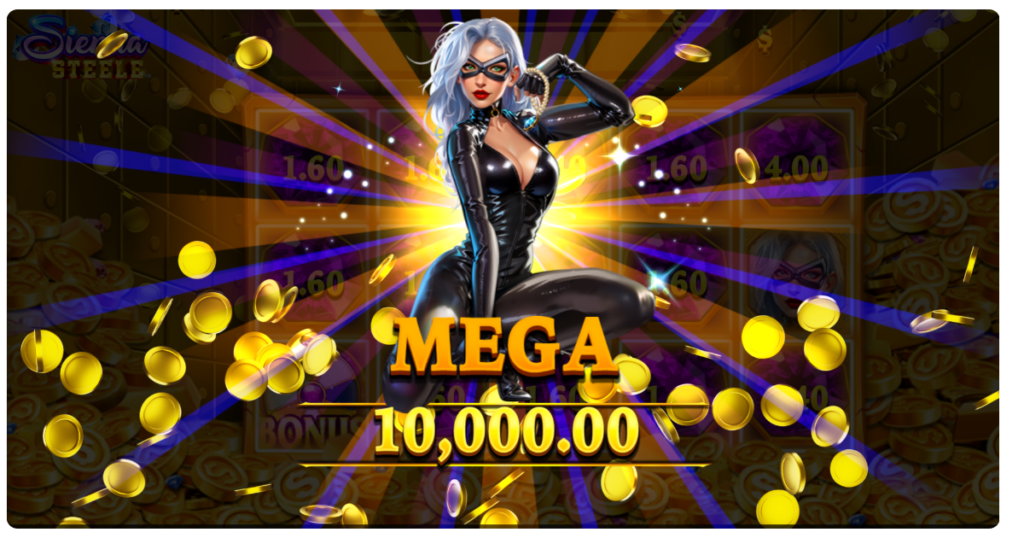 Captura de pantalla de la tragaperras Sienna Steele con un Mega Win de 10.000 monedas.